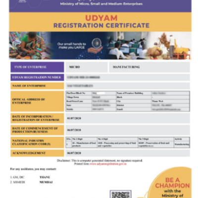 Udyam Registration under Ministry of Micro Small and Medium Enterprises, Government of India